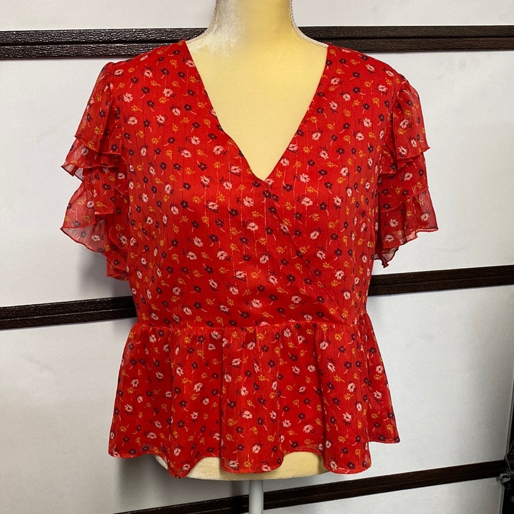 MADEWELL Tiered Sleeve Peplum Top in Metallic Prairie Posies 14 Fully Lined​
